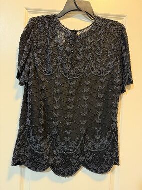 Papell Boutique Evening Womens Black Scalloped Hem Embellished Blouse Top Sz Lg